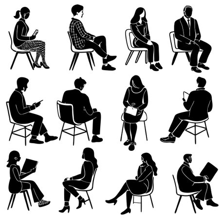 Diverse Group of People Gathering and Sitting on Chairs in a V Formationのイラスト素材