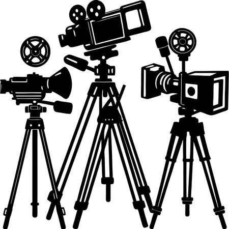 Array of Professional Photo and Video Cameras Mounted on Tripods Ready for Actionのイラスト素材