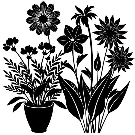Silhouette Panorama of Diverse Plant and Flower Speciesのイラスト素材