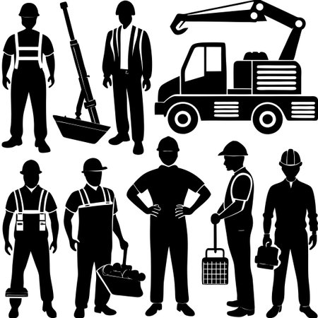 Extensive Collection of Detailed Silhouettes for Builders and Construction Professionalsのイラスト素材