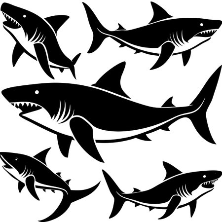 Silhouette of Sharks in Diverse Poses for Graphic Designのイラスト素材