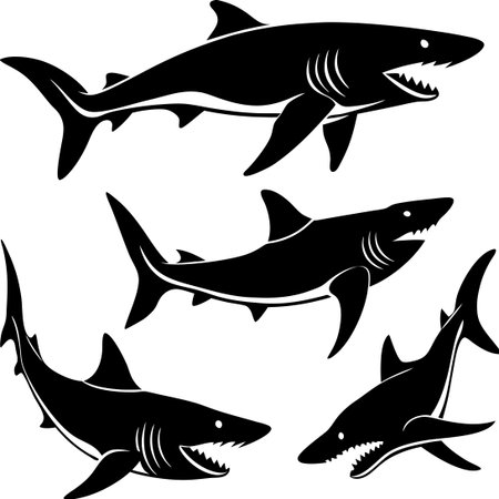 Diverse Shark Silhouettes Captured in Various Majestic Poses on White Backgroundのイラスト素材