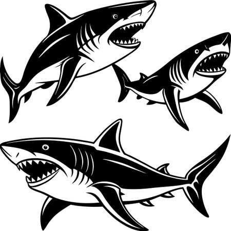 Outline Sketch of Sharks in Various Dynamic Posesのイラスト素材