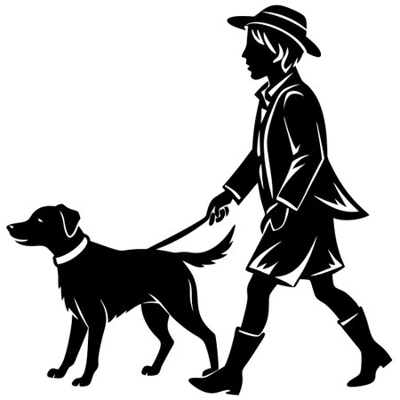 Silhouettes of a Man Walking his Loyal Canine Companion in the Eveningのイラスト素材