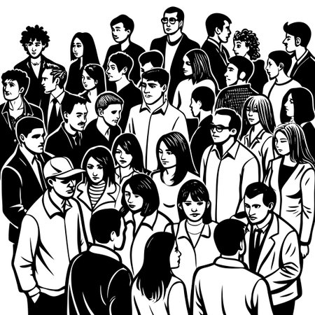 Vector Illustration of a Diverse Crowd of People in Various Posesのイラスト素材