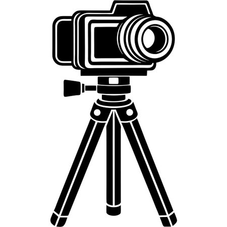 Detailed Silhouette of a Camera Mounted on a Tripod with a White Backgroundのイラスト素材