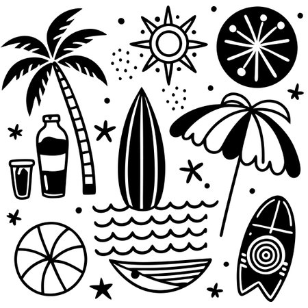 Hand-Drawn Summer Doodle Elements for Creative Projectsのイラスト素材