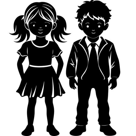 Isolated Vector Silhouettes of Children: Boys and Girls in Various Posesのイラスト素材