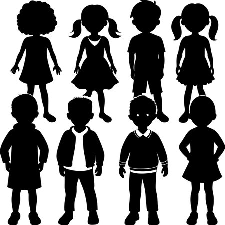 Playful Silhouette Collection of Young Boys and Girls Against a White Skyのイラスト素材