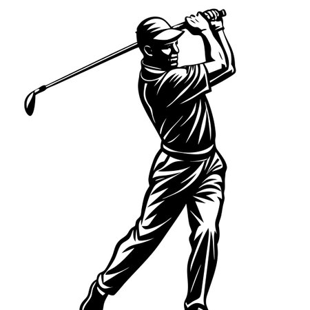 Striking Silhouette of a Male Golfer Against a White Backgroundのイラスト素材