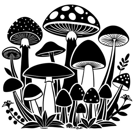Black Silhouette Of A Collection Of Several Mushrooms Isolated On White Backgroundのイラスト素材