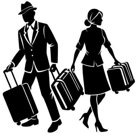 Silhouettes of Passengers with Luggage at the Airport or Train Stationのイラスト素材