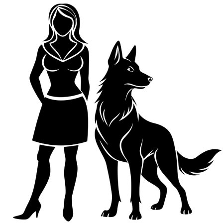 Graceful Silhouette of a Woman Walking with Her Dog on a Pristine White Backgroundのイラスト素材