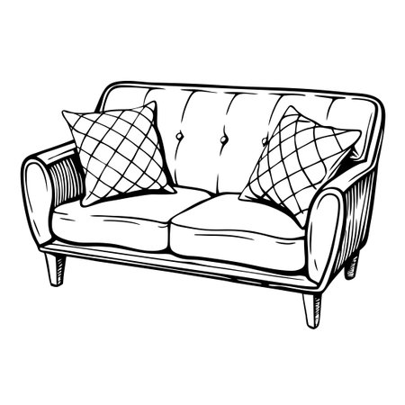 Intricate Sketch Depicting a Sofa Adorned with Decorative Pillowsのイラスト素材