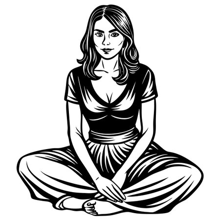 Elegant Outline Sketch of a Woman Sitting Gracefully on White Backgroundのイラスト素材