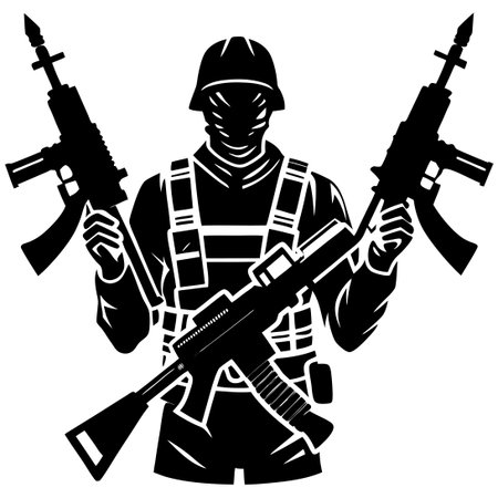 Silhouette of a Soldier with Weapons in a Battlefieldのイラスト素材