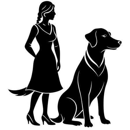 Silhouette of a Woman and Her Dog Against a White Backgroundのイラスト素材