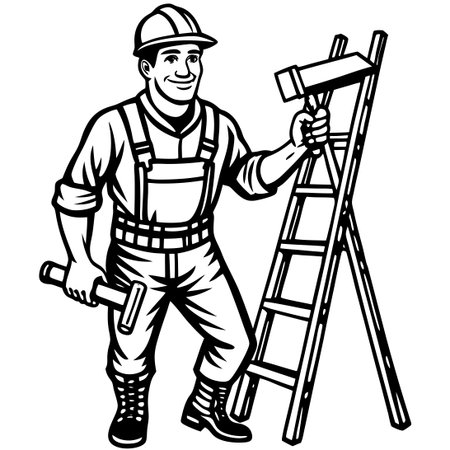 Builder's Ladder Sketch with Hammer on White Backgroundのイラスト素材