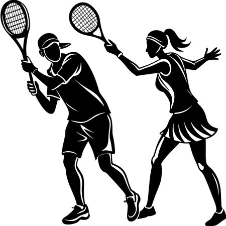 Dynamic Silhouette of Tennis Players Battling on Courtのイラスト素材