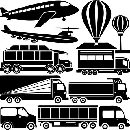Comprehensive Silhouette Collection of Transportation Vehicles in Motionのイラスト素材