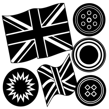 Comprehensive Vector Collection of United Kingdom Flag Buttons in Varied Styles and Dimensionsのイラスト素材