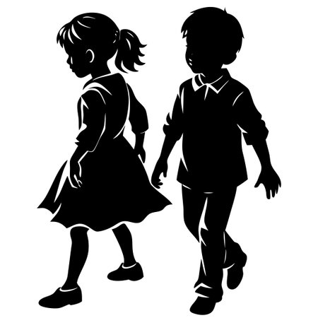 Black Silhouette of Children Walking Together, Isolated on White Backgroundのイラスト素材