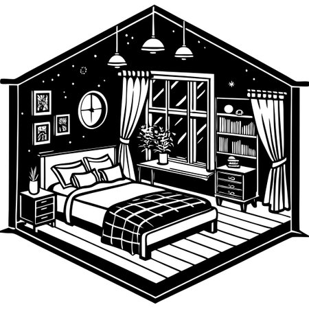 Isolated Bedroom Sketch Interior with Detailed Line Artのイラスト素材