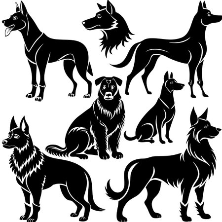 Black Silhouette of a Dog Isolated on White Background, Collection of Different Breedsのイラスト素材