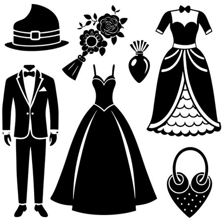 Silhouette of Wedding Couple and Friends Celebrating with Champagne Flutesのイラスト素材