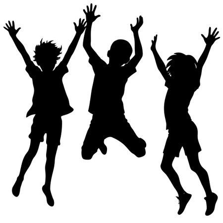Vector Silhouettes of Children Jumping in Exuberant Playのイラスト素材