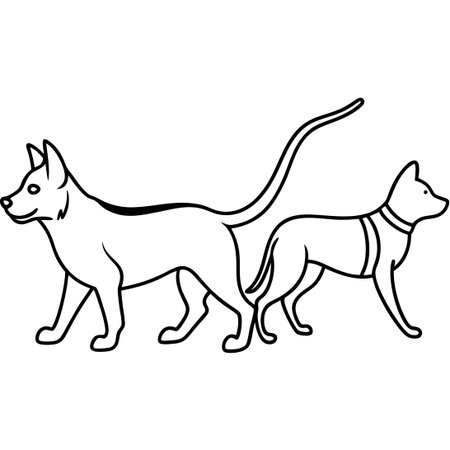 Intricate Continuous Line Drawing of a Walking Cat and Dog in Harmonyのイラスト素材