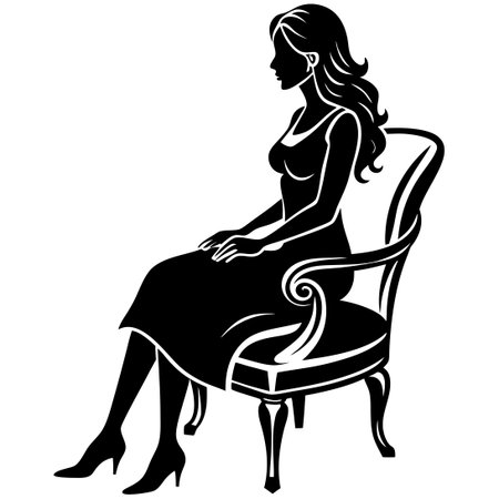 Serene Silhouette of a Woman Sitting on a Chair on a White Backgroundのイラスト素材