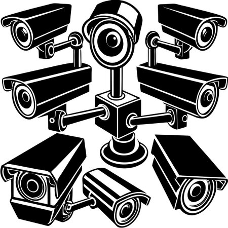 Array of White Background Technology CCTV Surveillance Cameras for Enhanced Securityのイラスト素材