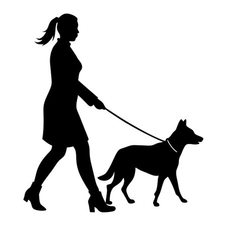 Silhouette of a Woman Walking with Dog on Leash on White Backgroundのイラスト素材