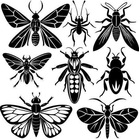 Intricate Silhouette Collection of Diverse Insectsのイラスト素材