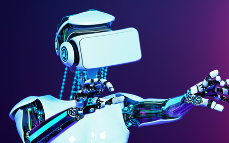robot or cyborg with virtual reality glasses on purple backgroundの素材