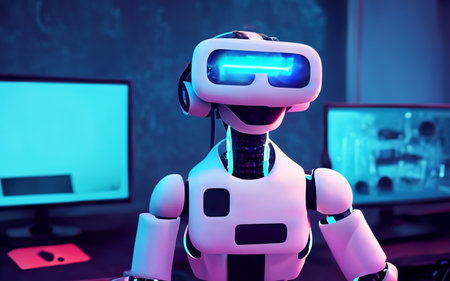 Robot playing game with virtual reality glasses.の素材