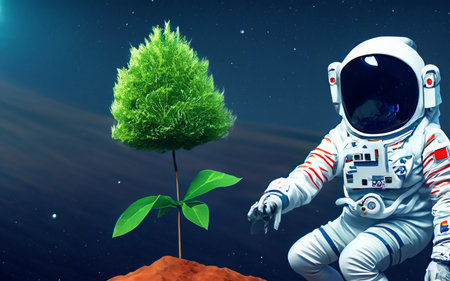 Astronaut holding a green plant in his hands.の素材