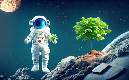 Astronaut standing in the space and holding a green plant.の素材