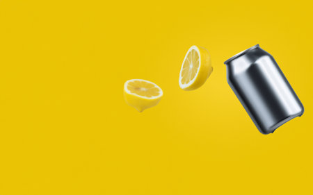 Falling lemon and soda can isolated on yellow background.の素材