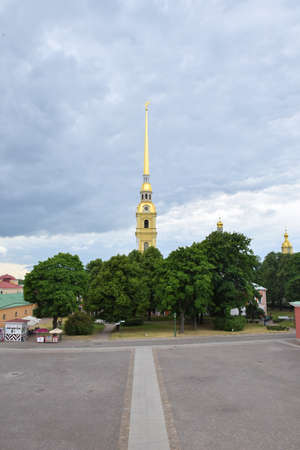 Landscape view of Russian landmark peter and paul cathedral with trees from peter and paul Fortress in moscow , Russia tourism attractionのeditorial素材