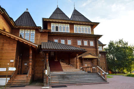 Wooden Palace Of Moscow Kolomenskoye - colorful Tourism landmark attractions in Russia - royal old palace with golden cyan brown green white colors made out of woodのeditorial素材