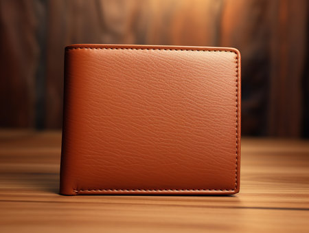 Leather wallet on a wooden background. 3d rendering. Vintage style.の素材