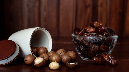 Bowls with macadamia nuts and dates on wooden table. Dried fruits and nuts concept