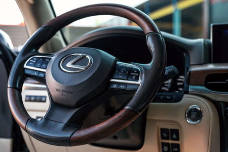 Ukraine, Odessa July 8 - 2021: Interior view with steering wheel and dashboard of new luxury Lexus LX 450 crossover carのeditorial素材