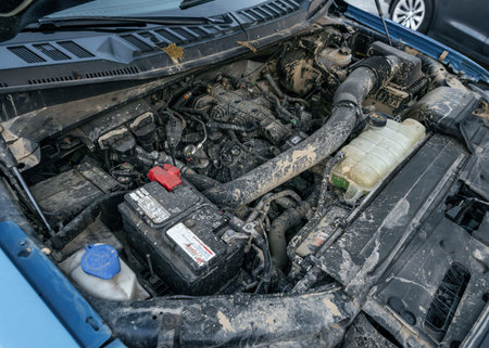 Ukraine, Odessa July 8 - The dirty motor of offroad car. Ford Raptor engine under the hood.