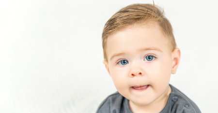Headshot portrait of adorable smiling baby boy, shows tongue. Copy space, white background.