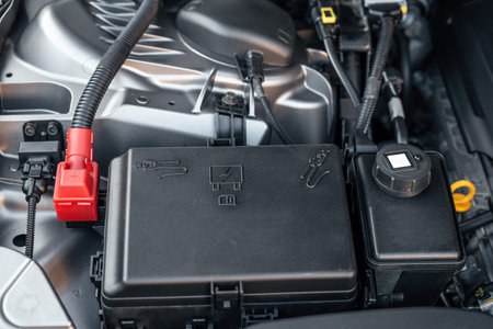 Battery car engine detail - close up of machine new batteriesの写真素材