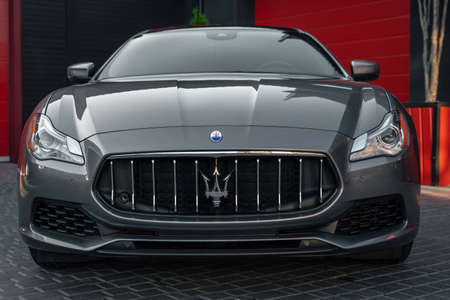 Ukraine, Odessa - September 8, 2021: Maserati Ghibli Trofeo sport car, front view. Premium auto by the Italian supercar brand.のeditorial素材