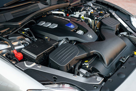 Ukraine, Odessa - September 8, 2021: Maserati Ghibli, Detail of new business class sedan engine.